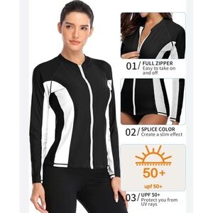ATTRACO Black and White Color-Block Long Sleeve Swim Shirt UPF50+ Rash guard XL